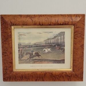 Vintage Burl Wood Framed  Vintage Vale Of Aylesbury Steeple Chase Hunting Print